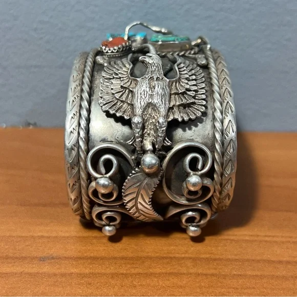 VTG Native American Navajo Ornate Sterling Silver Cuff Bracelet Signed 148.8g